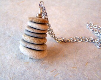 Cairn Necklace - beach stone necklace - stainless steel chain - Cairn Jewelry - Beach Pebble Necklace - Zen - spiritual - bohemian jewelry