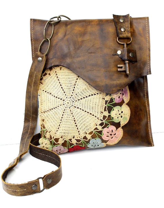 Boho Leather Messenger Bag with MultiColored Crochet Doily