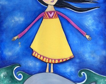 Girl With Whale Art Print Whimsical Folk Art Print Childrens Wall Decor Cute Nursery Art Dream Series Print - 'A Home in the Sea'