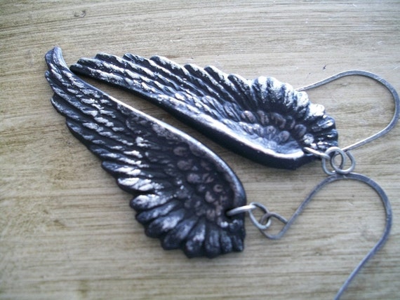 Black as Night raven wings crow earrings gothic by KyraByrdArt