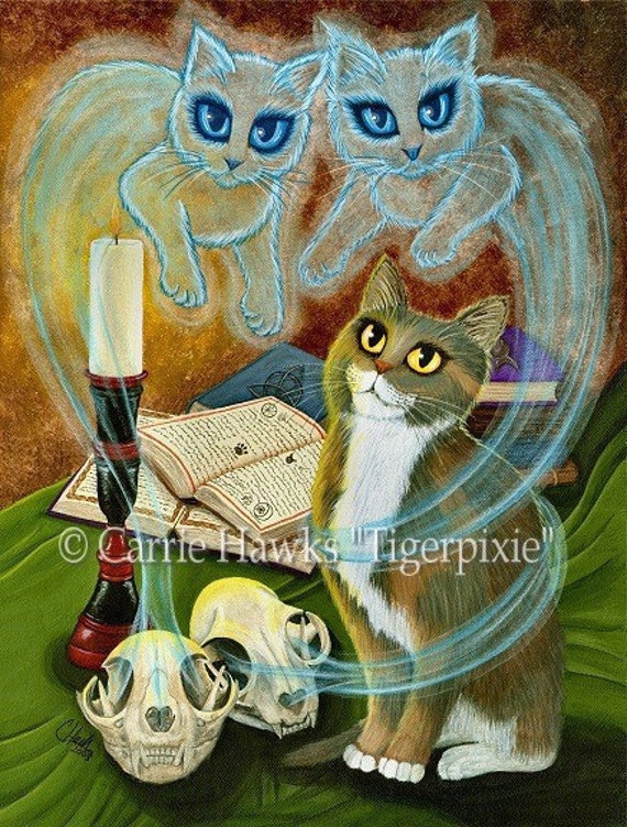 Witch Cat Art Ghosts Skull Gothic Fantasy Limited Edition Canvas Print 11x14