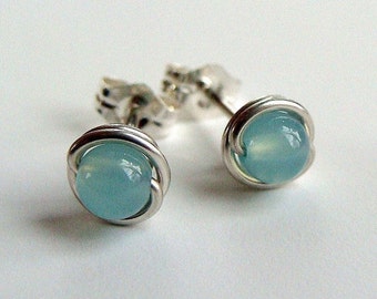 Tiny Chalcedony Studs Earrings Wire Wrapped in Sterling Silver Post Earrings Chalcedony Studs