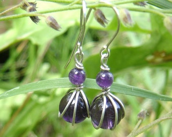 Tiny Amethyst Earrings, February Birthstone Jewelry Amethyst Jewelry, Women, Gift for Her Sterling Silver Wire Wrapped Jewelry Stone Jewelry