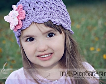 12-24 months Girl Crochet Hat, Kids Hat, Flapper Hat, Cloche Hat, Childrens Hat, Purple Hat, Violet Hat, Hat with Flowers, Hat for Girls