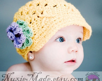 Newsboy Hat 3-6 Months, Winter Hat, Girls Hat, Crochet Hat, Yellow Hat, Girl Hat, Hat with Flowers, Childrens Hat, Baby Girl Hat, Baby Hat
