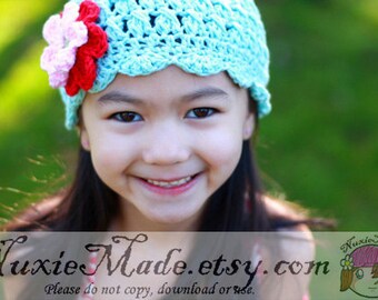 Crochet Girls Hat 2T-4T, Kids Hat, Cloche Hat, Flapper Hat, Turquoise Hat, Blue Hat, Hat with Flowers, Winter Hat, Crochet Girl Hat