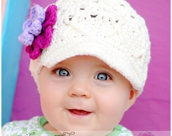 Toddler Girl Ivory Newsboy Hat with Flowers, Crochet Hat with Brim, Hat for Girls, Children's Hat, Kids Hat, Girls Hat, 6-12 months baby hat