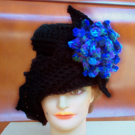 LAUREN Steampunk Hat, Crochet Cloche Hat, Crochet Flower Hat, Womens Hat Trendy, Crochet Hat for Women, Royal Blue Hat, Women's Black Hat