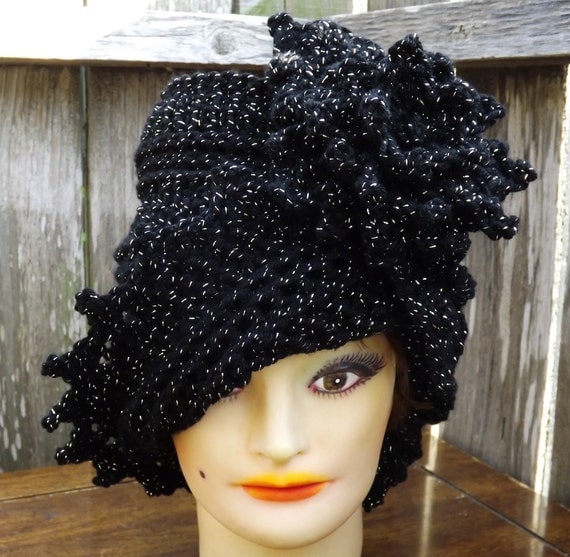 LAUREN Steampunk Hat, Crochet Cloche Hat, Crochet Flower Hat, Womens Hat Trendy, Crochet Hat for Women, Black Sparkle Hat, Women's Black Hat