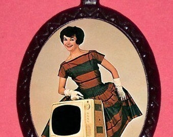 Woman with Television Necklace Retro Kitsch Pendant Technology Space Age Modernism New 1950's