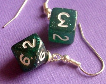 D6 D10 Earrings - Green Glitter - Geek Gamer DnD Role Playing RPG - Paw & Claw Designs