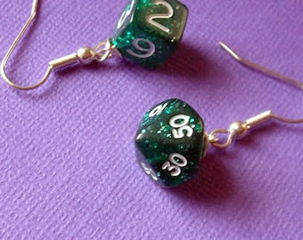 D6 D10P Dice Earrings - Green Glitter - Geek Gamer DnD Role Playing RPG - Paw & Claw Designs