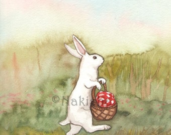 Original Watercolor Rabbit Painting - Little White Rabbit going on a Picnic