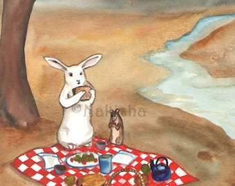 Original Watercolor Rabbit Painting - The Picnic