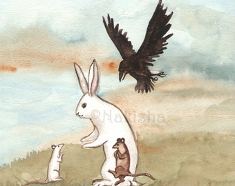 Original Watercolor Rabbit Painting - Meeting the White Mouse
