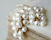 pearl earrings, white bridal jewelry, gold freshwater pearl cluster dangle