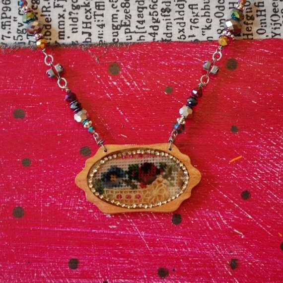 Vintage Embroidery Wood Collage Necklace by kmichel on Etsy