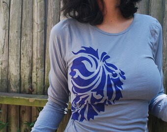 Graphic tee for women - S,L - womans tops tshirts, silkscreen womens t-shirt, womens tees, tops & tees - gray long sleeve, paisley design