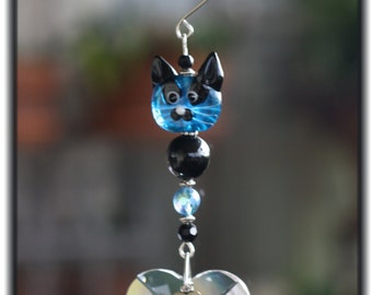 Blue Face Kitty Cat Suncatcher w/Large 40mm Austrian Heart Crystal and "Love My Cat" Charm, Unique Gifts, Cat Lover Gifts, Whimsical Gifts