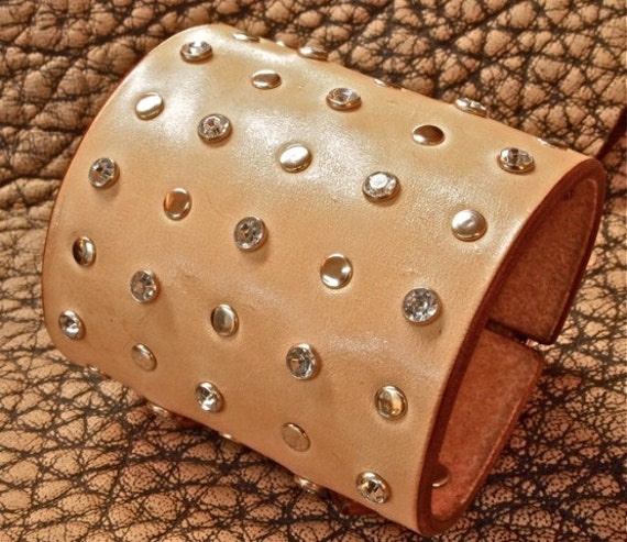 Leather bracelet natural Cuff double strap Studs and crystals