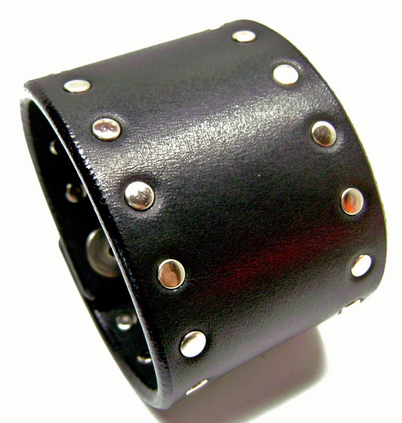 Black leather cuff 2 inch wide studded American bridle Bracelet wristband handmade for YOU in NYC by Freddie Matara