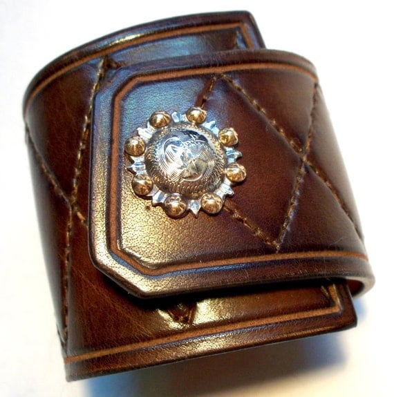 Leather Cuff Bracelet Brown Custom Quilted Hand stitched Harlequin Diamond Luxury wristband handmade for You in NYC by Freddie Matara!
