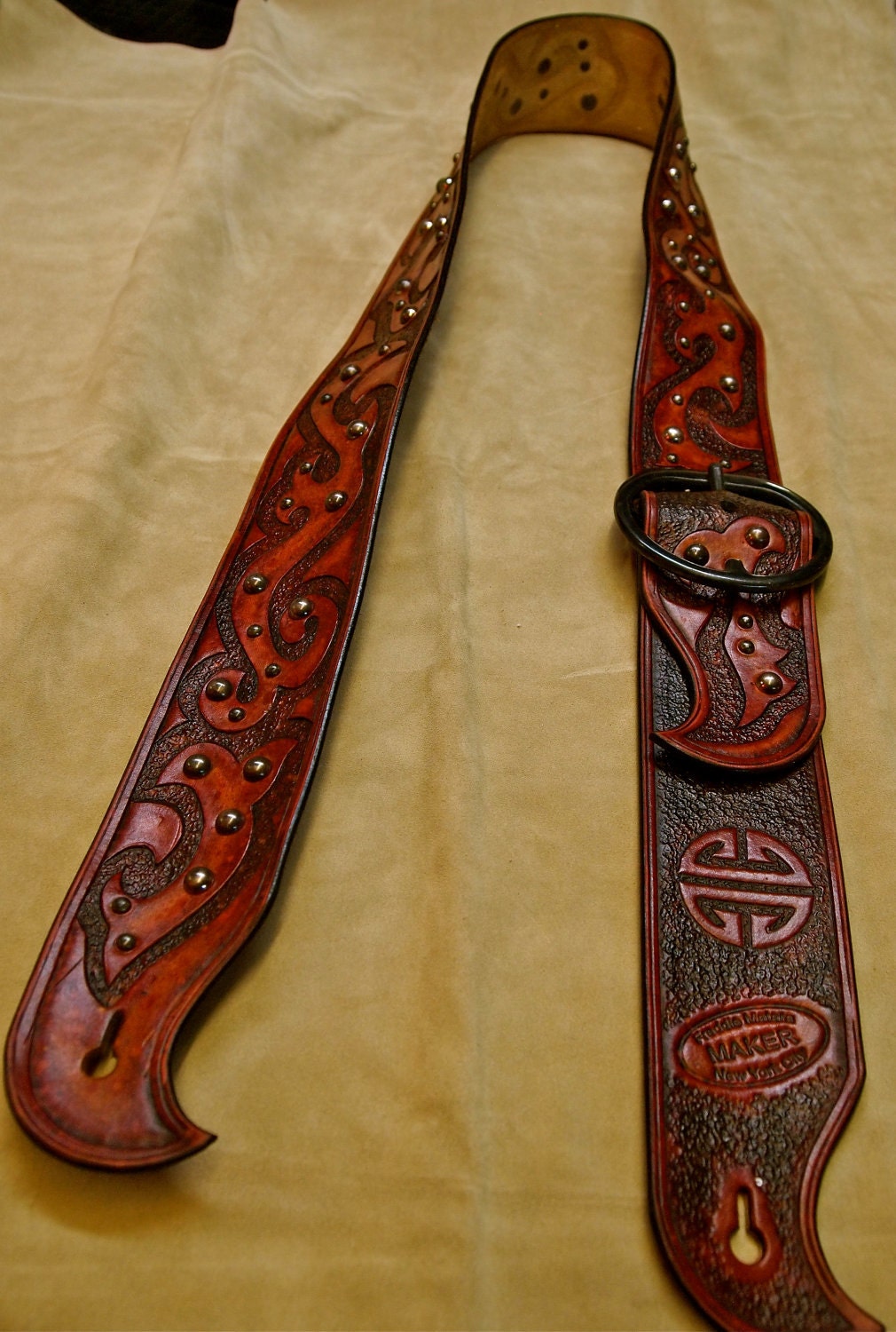 Leather Guitar Strap Antique Red Hand Tooled Handmade Asian