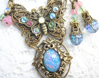 Butterfly Bouquet - Blue Glass Opal Necklace Brass Butterfly Antiqued Brass Necklace Set