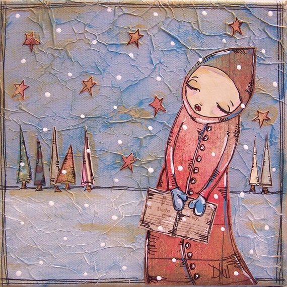 Download Items similar to Art painting christmas carol sing music girl snow winter star gift original ...