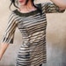 Womens Striped Top, Unique Handmade Scoop Neck Top, Hand Printed Black and Tan Stripes, Screenprint Jersey Half Sleeve Shirt, Wearable Art