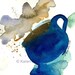 Watercolor latte art print, cobalt blue coffee mug: "Steamy"