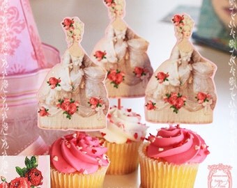 Marie Antoinette Pink Roses Cupcake Toppers Die-Cut with Glitter Set of 6