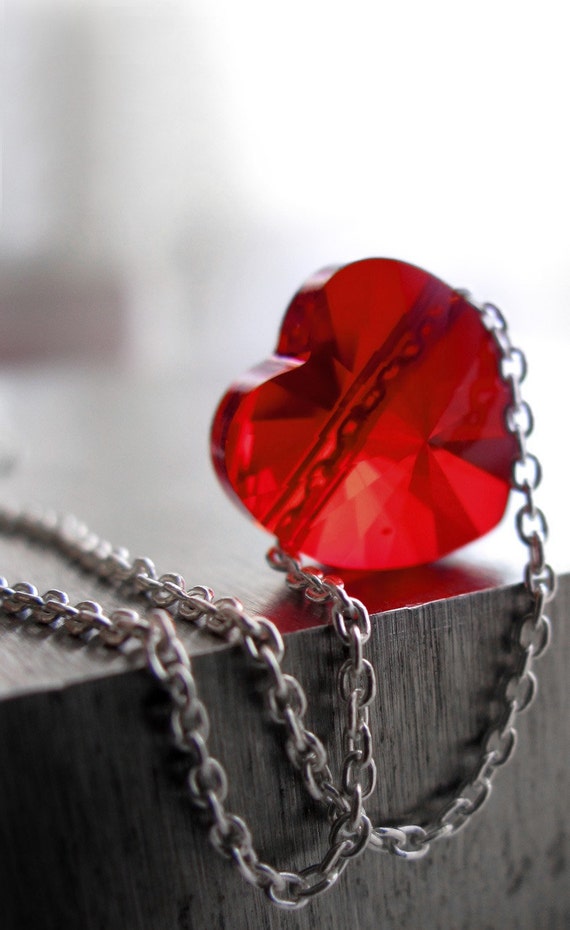 Tiny Red Heart Necklace Swarovski Crystal Red Heart Pendant