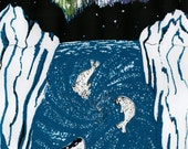 Imaginary Antarctic Screenprint - Glow in the Dark Silkscreen Print with Antarctic Ocean Sceen, Seals, Pygmy Right Whale, Aurora