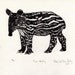 Tapir Baby Linocut - Black and White Block Printed Animal - Cute Baby Malayan Tapir Lino Block Print