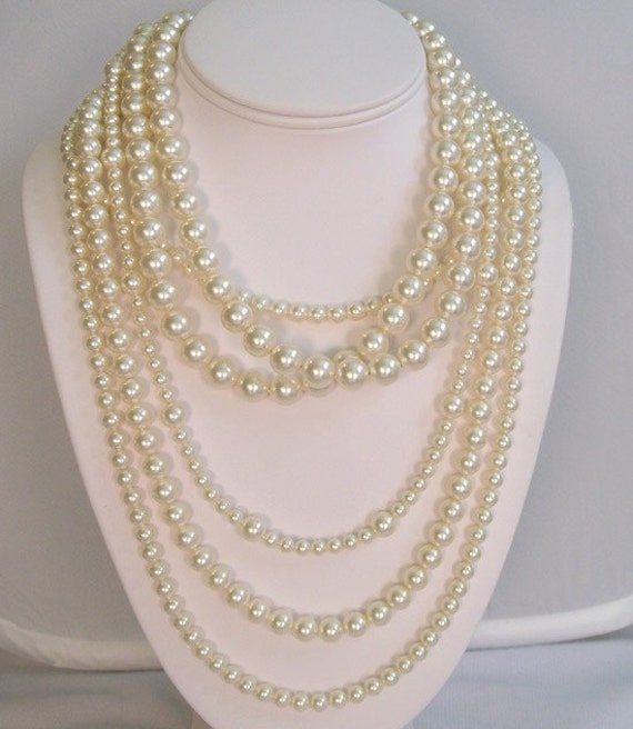 6 Strand Layered Pearl Necklace, multi layered necklace with drapping ...