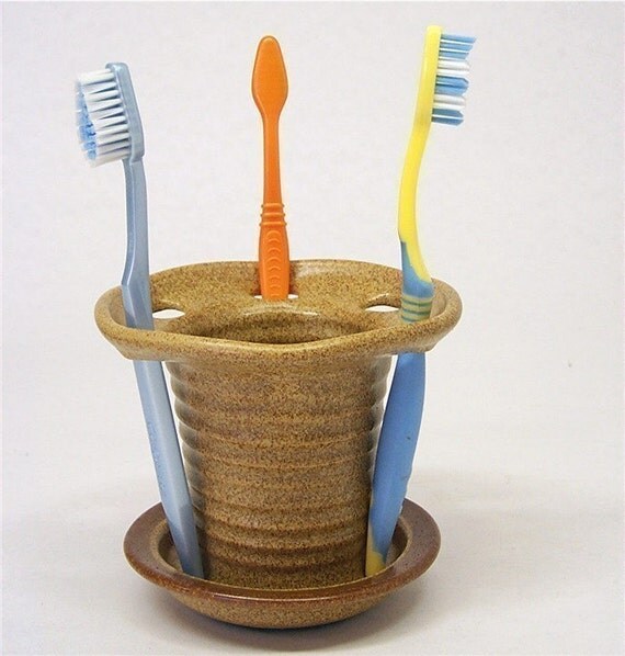 Warm Brown Stoneware Toothbrush Holder for 6 brushes with a