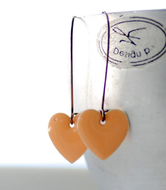 Peach Heart Earrings Simple Earrings Enameled By Wildwomanjewelry 