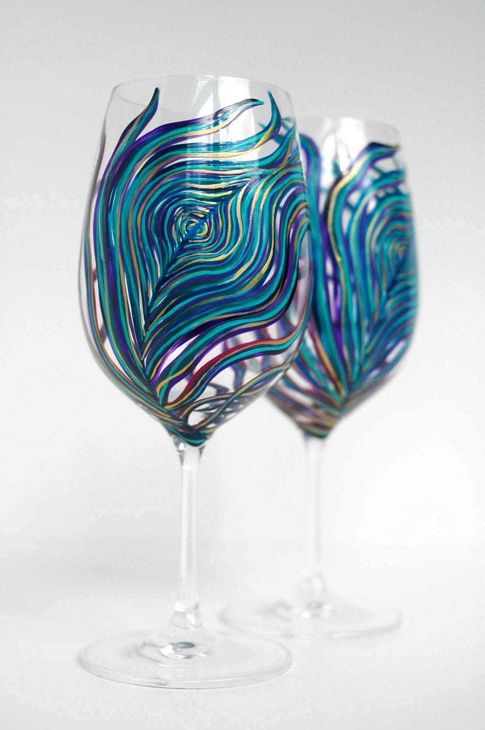 Peacock Wine Glasses Set Of 2 Hand Painted Peacock Feather