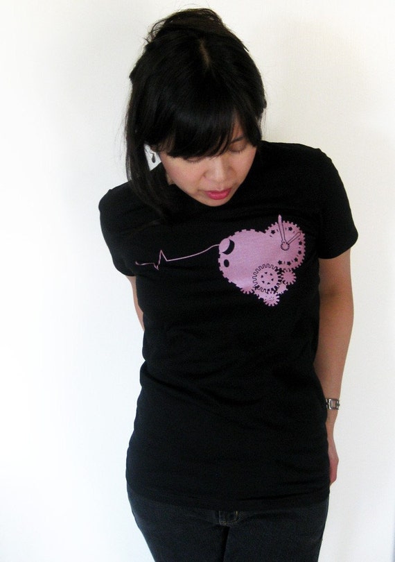 Clockwork Heart Womens T-shirt - Steampunk Pink Heart Shirt - Tender Time Bomb by binarywinter steampunk buy now online