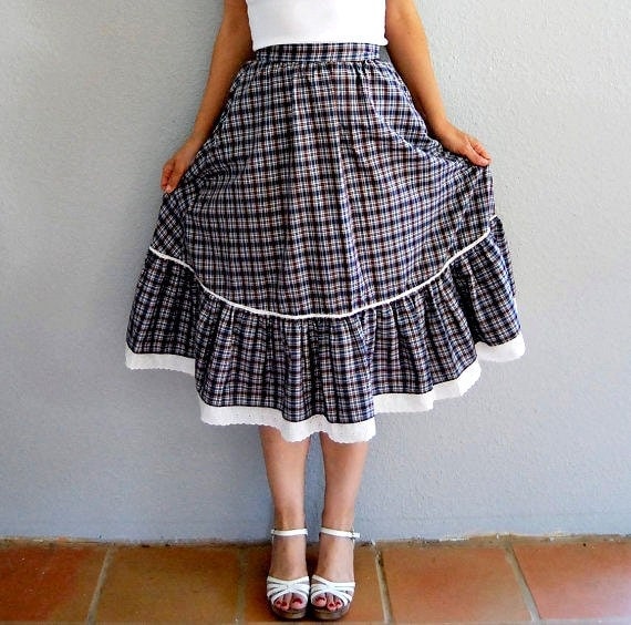 Items similar to vintage1980s PRAIRIE navy blue checkered skirt on Etsy