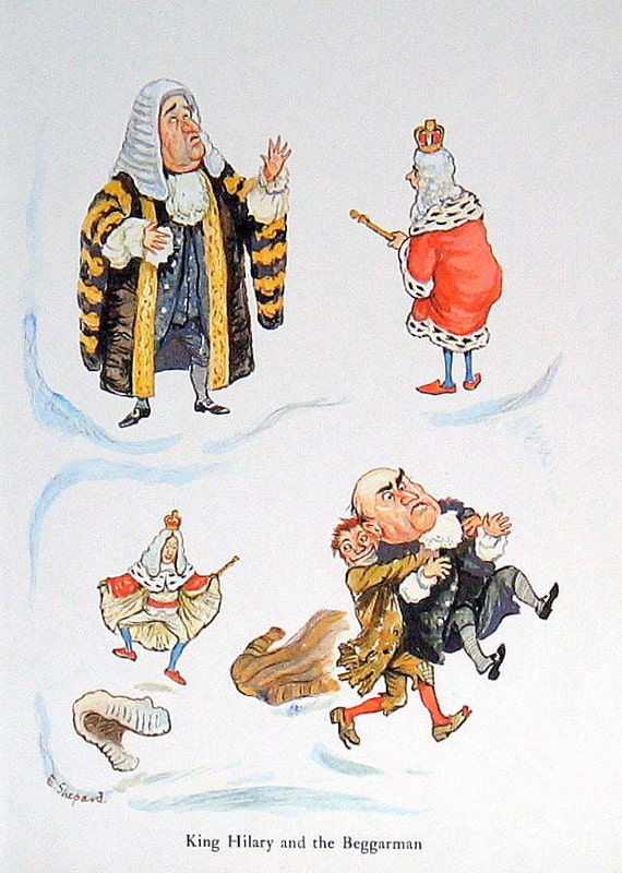 1958 Children's Picture Colored Book Plate Illustration by E. H. Shepard "King Hillary and the Beggarman"