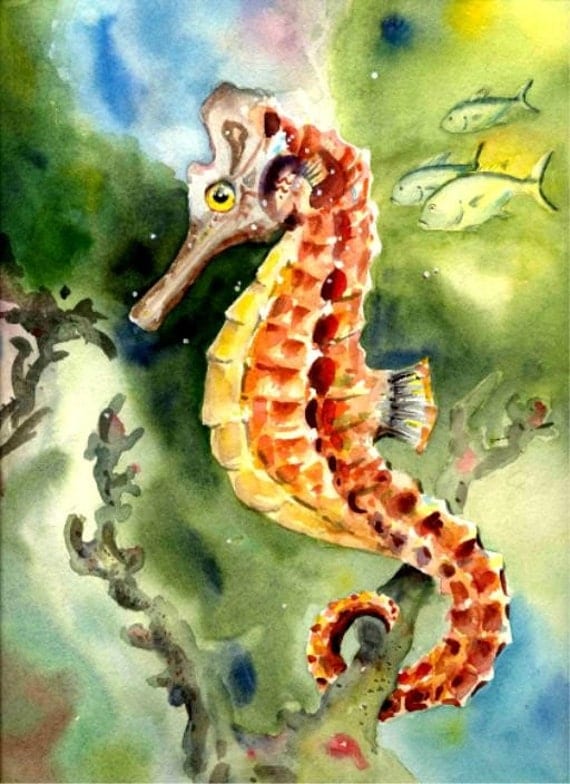 Seahorse Watercolor Painting Art print Ocean wildlife Beach