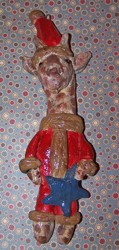 Folk Art Christmas Santa Giraffe Ornament Ornie ooak Vintage Nostalgic Cookie Doll Whimsical