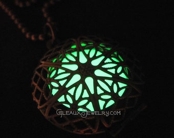 Green Glow in the Dark Antiqued Brass Filigree Locket