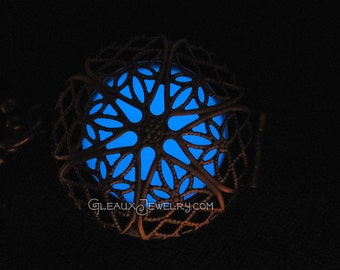 Blue Frost Glow in the Dark Antiqued Brass Filigree Locket