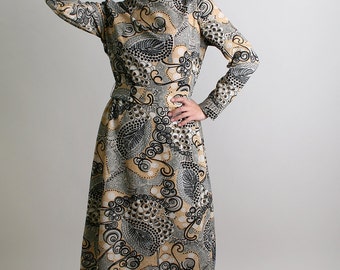 Vintage 1960s Dress - Sacony Swirls and Dots Metal Color Autumn Dress - Small