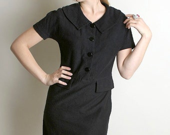 Vintage Wiggle Dress - Black 1960s Noir Koret of California Knit Dress - Medium Mad Men Fashion