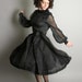Vintage Little Black Dress Sheer Party Pleated Dress with Long Ribbon Bow
