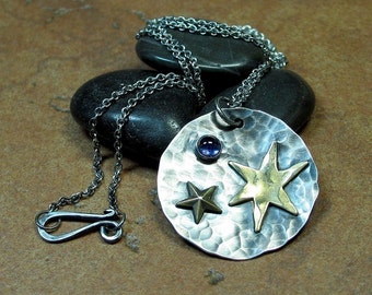 Sterling Silver Pendant with Brass Stars and Iolite - Wish Upon a Star Pendant